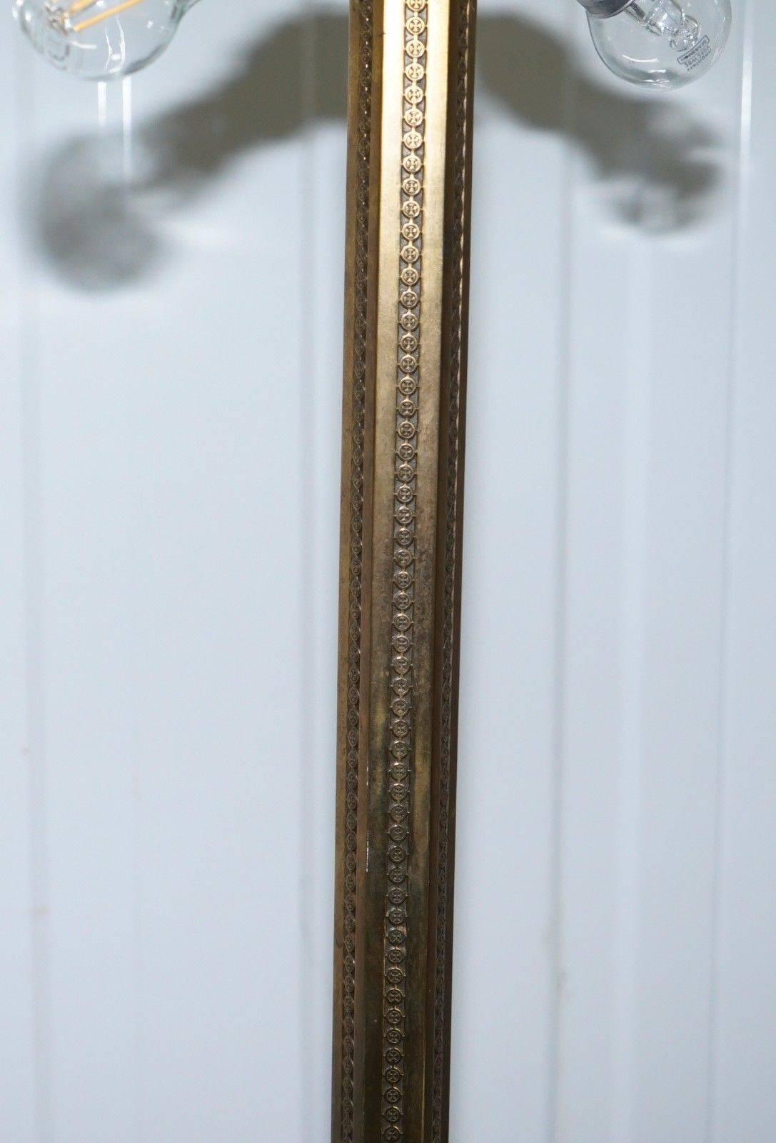 19th Century Large Wide Base Brass Three Legged Pillared Victorian Floor Standing Lamp