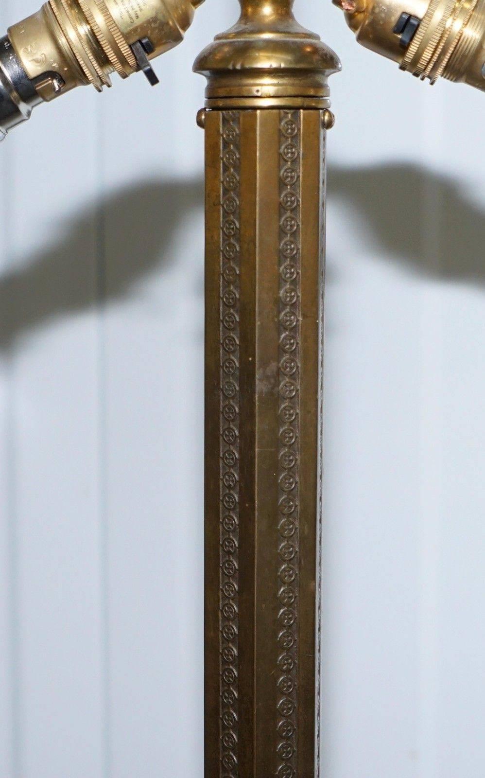 Hand-Crafted Large Wide Base Brass Three Legged Pillared Victorian Floor Standing Lamp