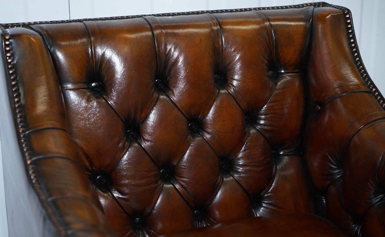 British Pair of George Smith Chesterfield Armchairs in Brown Leather