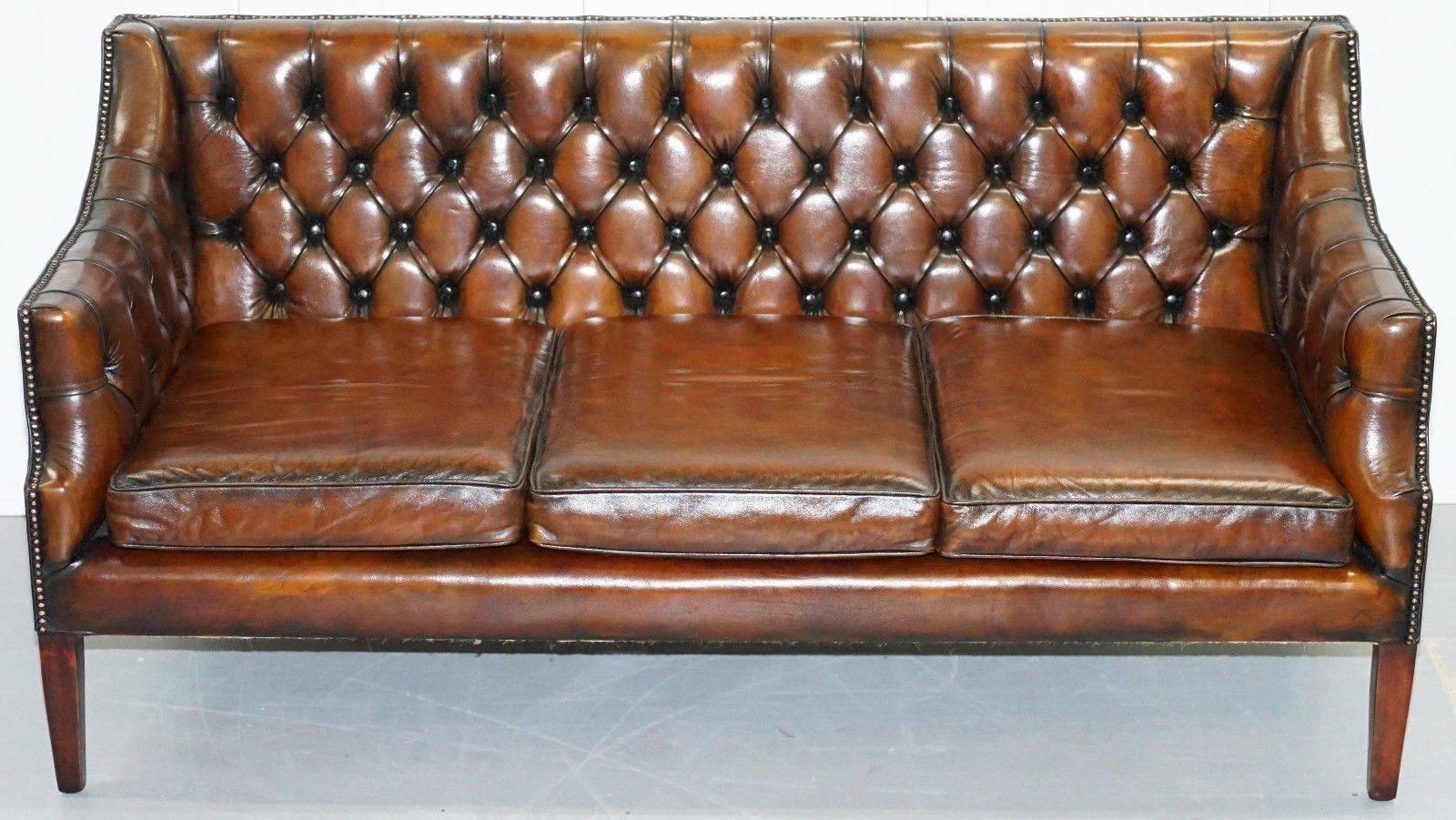 We are delighted to offer for sale this new George Smith Georgian three seater aged whiskey brown leather sofa RRP £12,500

This was custom-made to order with button backs, flat foam cushions and no castors, it can have castors fitted and the
