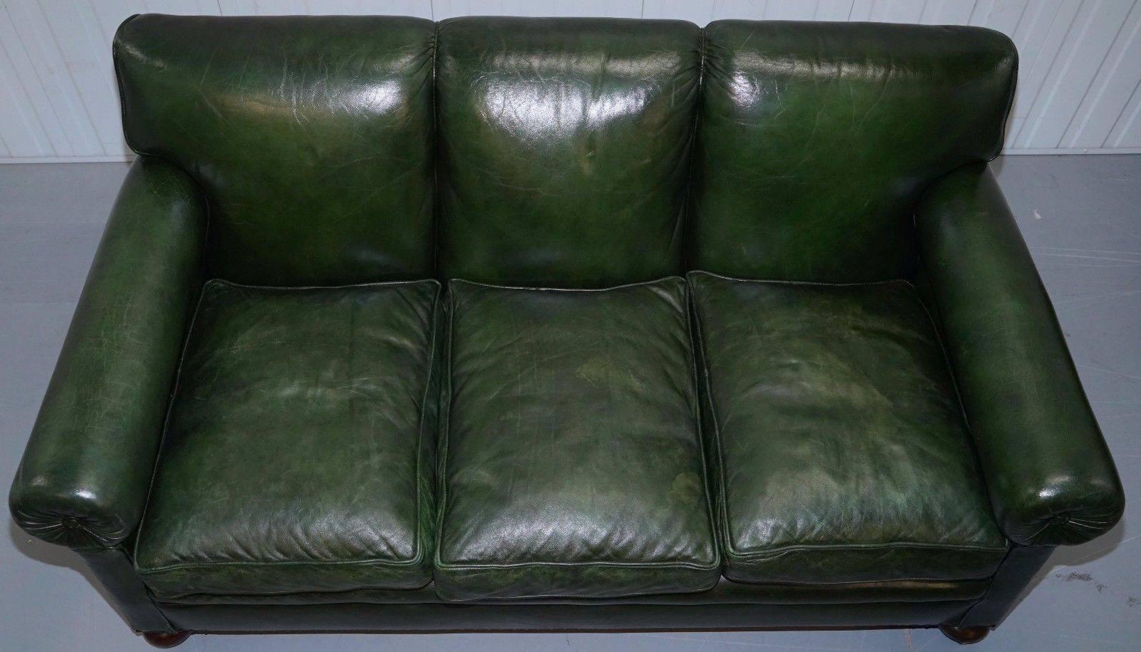 High Victorian Stunning Victorian Green Leather Maple & Co the Hever Three-Seat Club Sofa