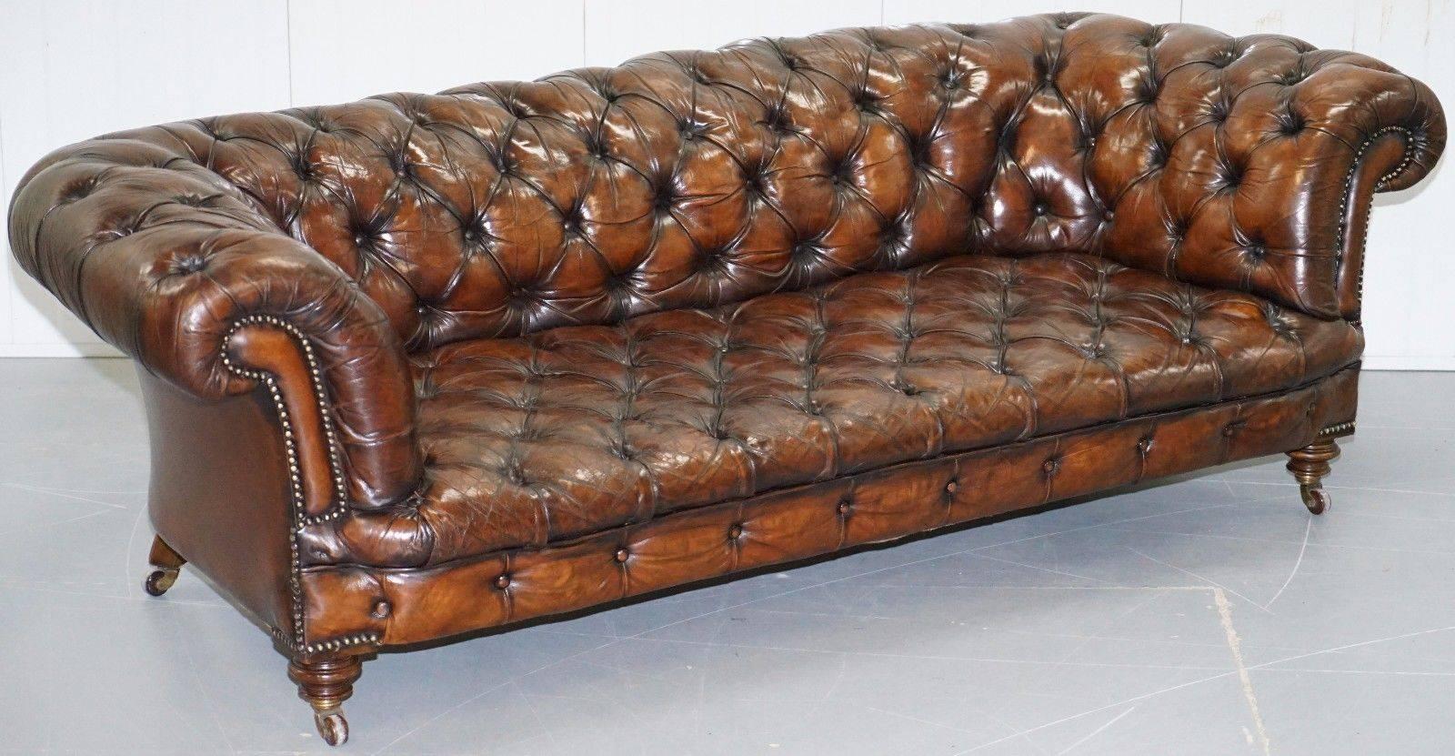We are delighted to offer for sale this lovely rare original Victorian 1890 fully restored Cornelius V Smith Stamped aged brown leather Chesterfield sofa

What can I say, if you’re in the market for the best Victorian Chesterfield sofas in the