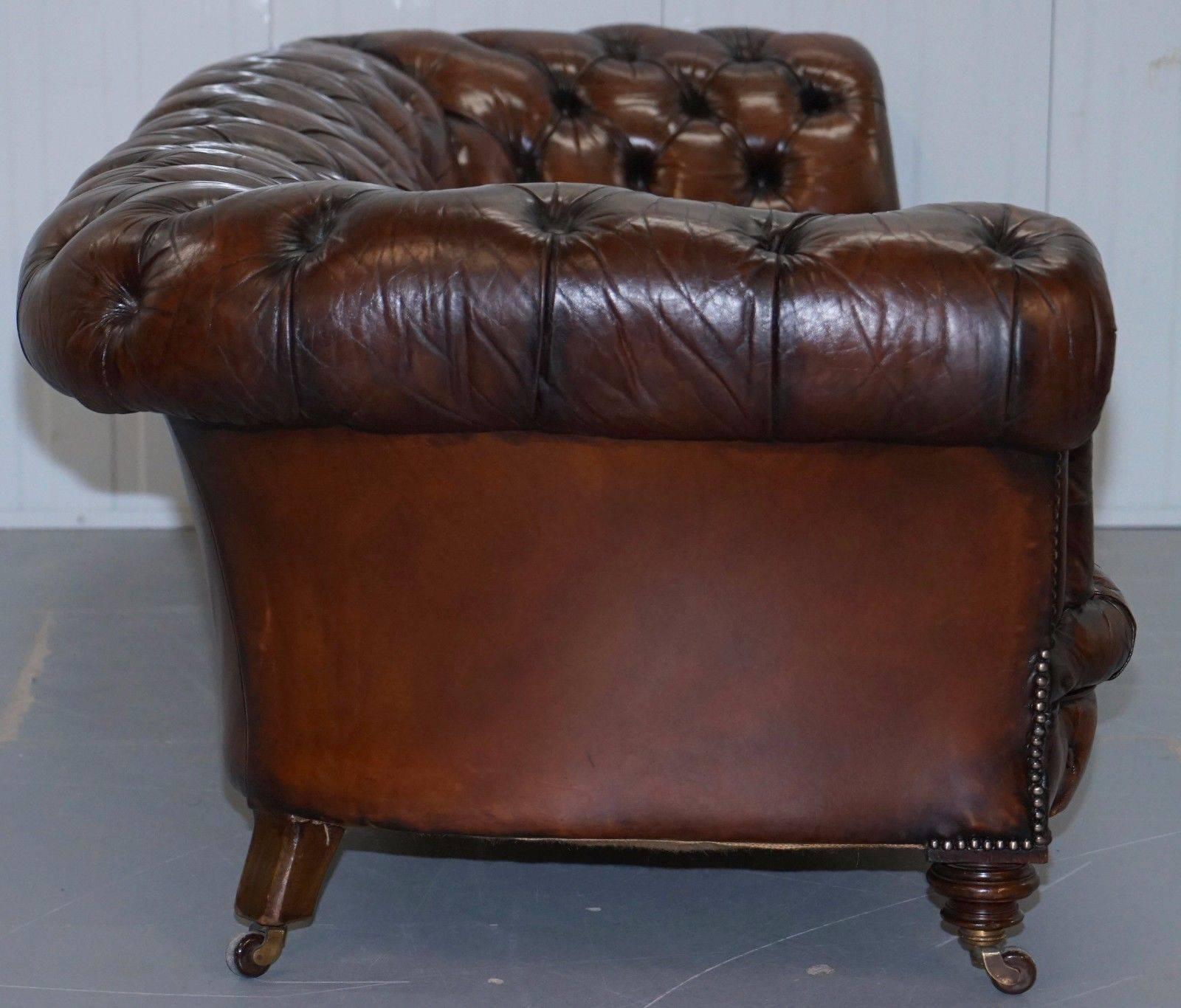 Hand-Carved Victorian 1890 Stamped Cornelius v Smith Chesterfield Leather Sofa Brown Leather
