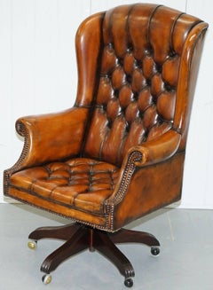 1 of 2 of Matching Chesterfield Wingback Office Chairs Hand-Dyed Brown Leather