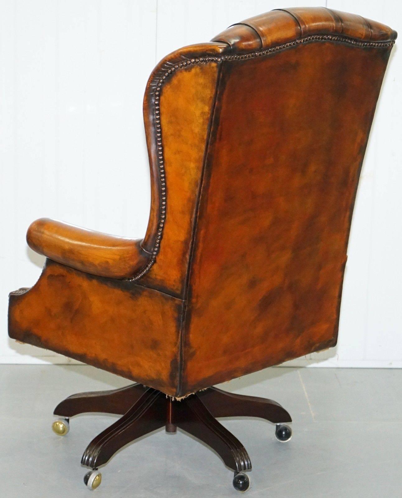 Hand-Carved 1 of 2 of Matching Chesterfield Wingback Office Chairs Hand-Dyed Brown Leather