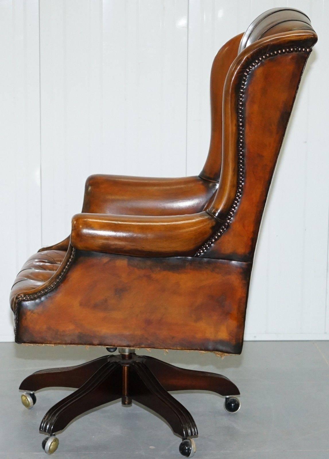 1 of 2 of Matching Chesterfield Wingback Office Chairs Hand-Dyed Brown Leather 1