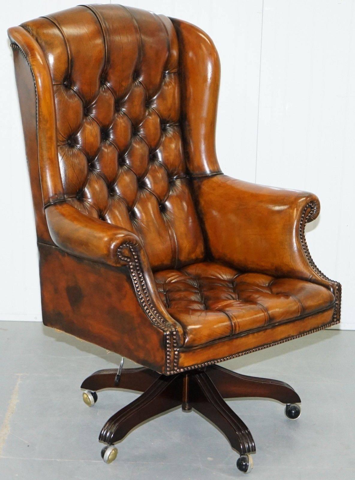 20th Century 1 of 2 of Matching Chesterfield Wingback Office Chairs Hand-Dyed Brown Leather