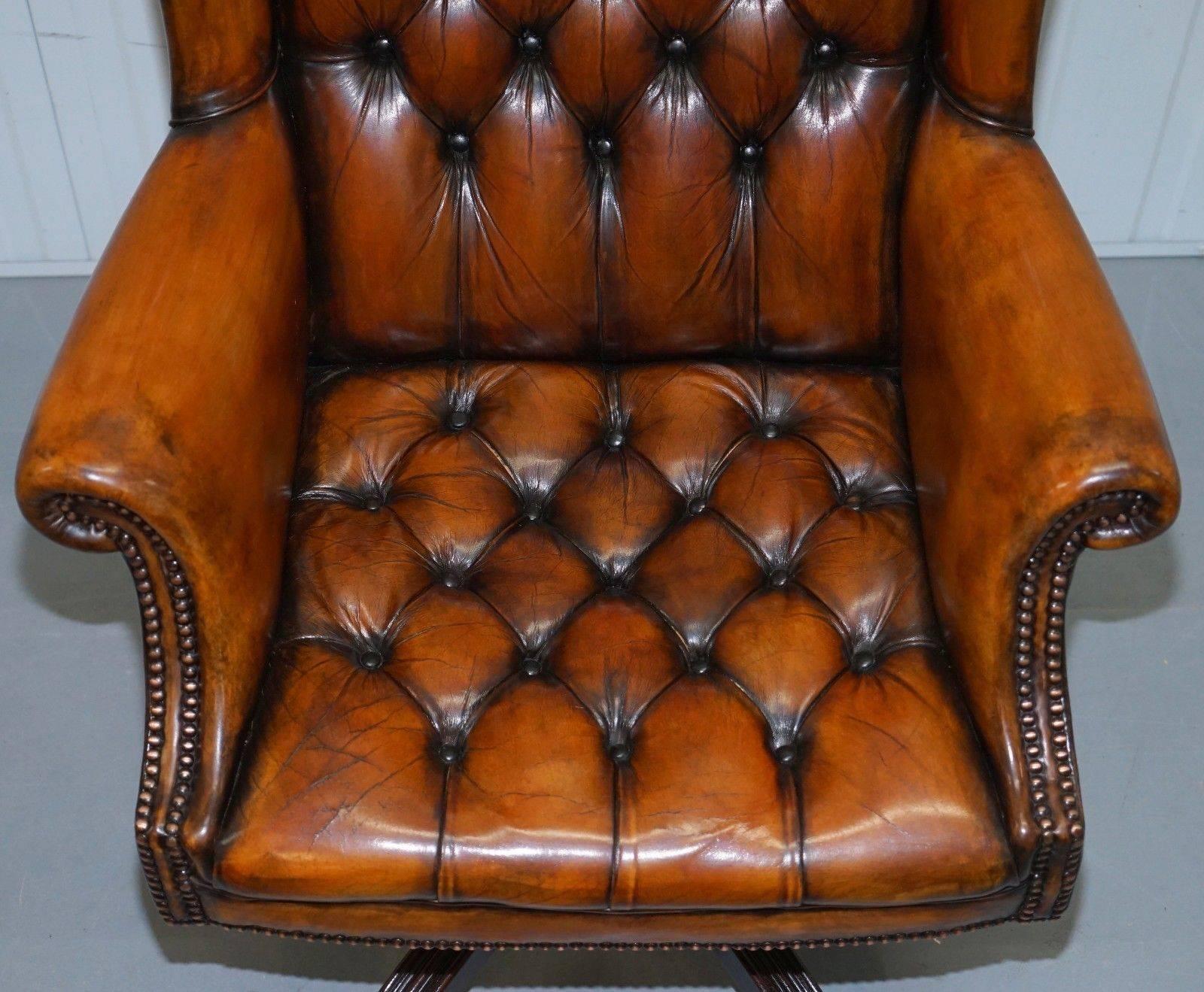 1 of 2 of Matching Chesterfield Wingback Office Chairs Hand-Dyed Brown Leather 2