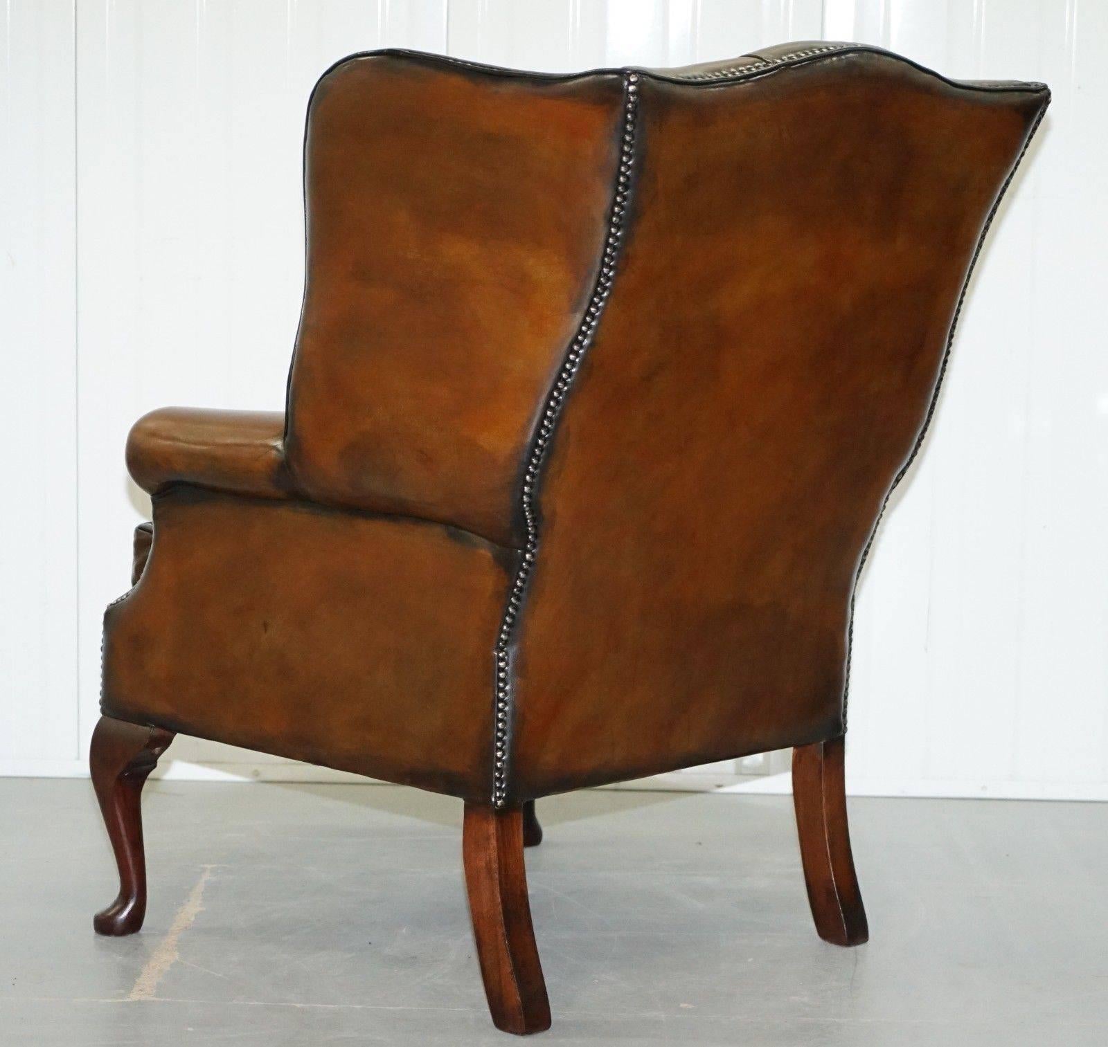 Pair of Hand-Dyed Cigar Brown Leather Chesterfield Wingback Armchairs and Stool 1