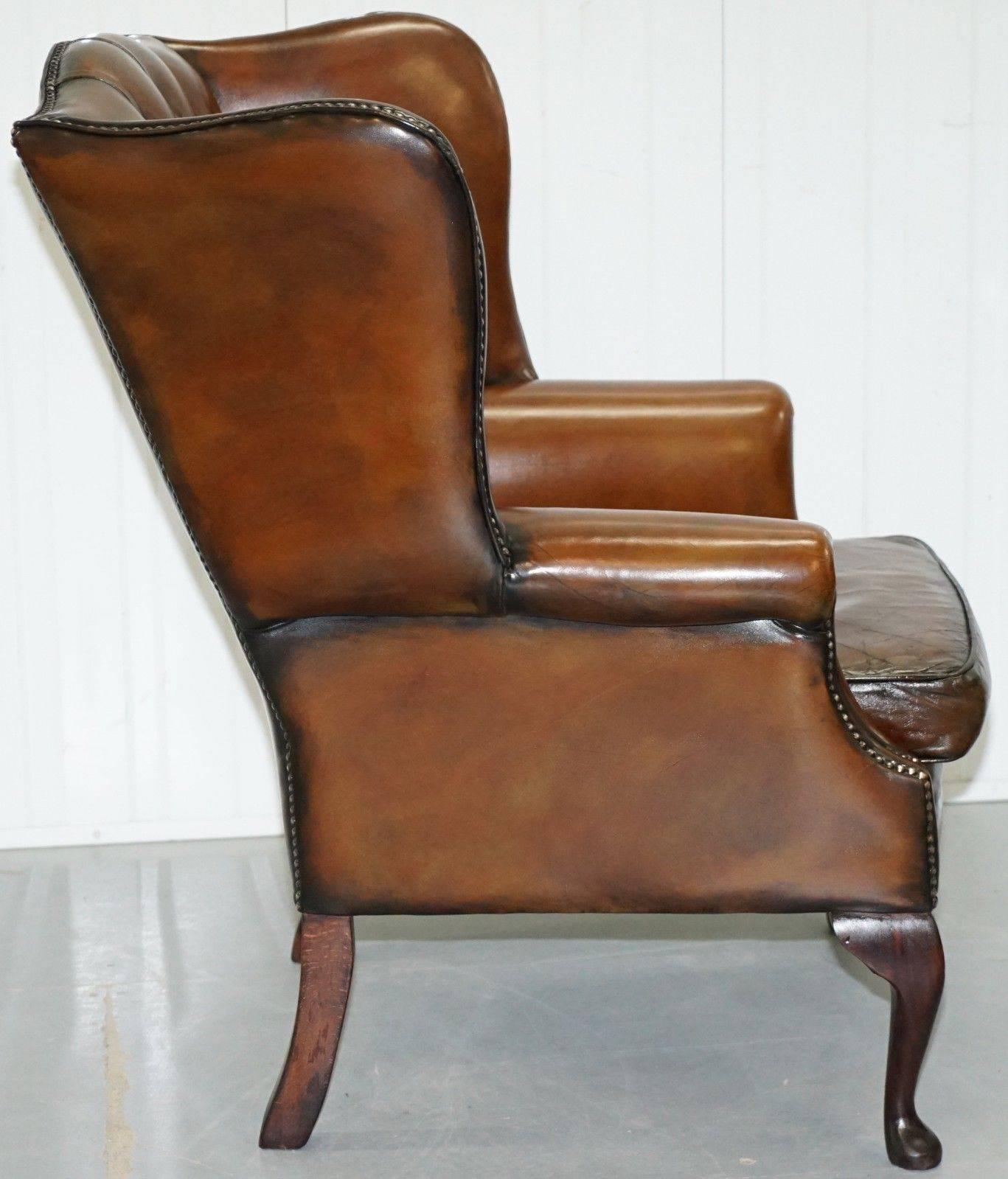 20th Century Pair of Hand-Dyed Cigar Brown Leather Chesterfield Wingback Armchairs and Stool