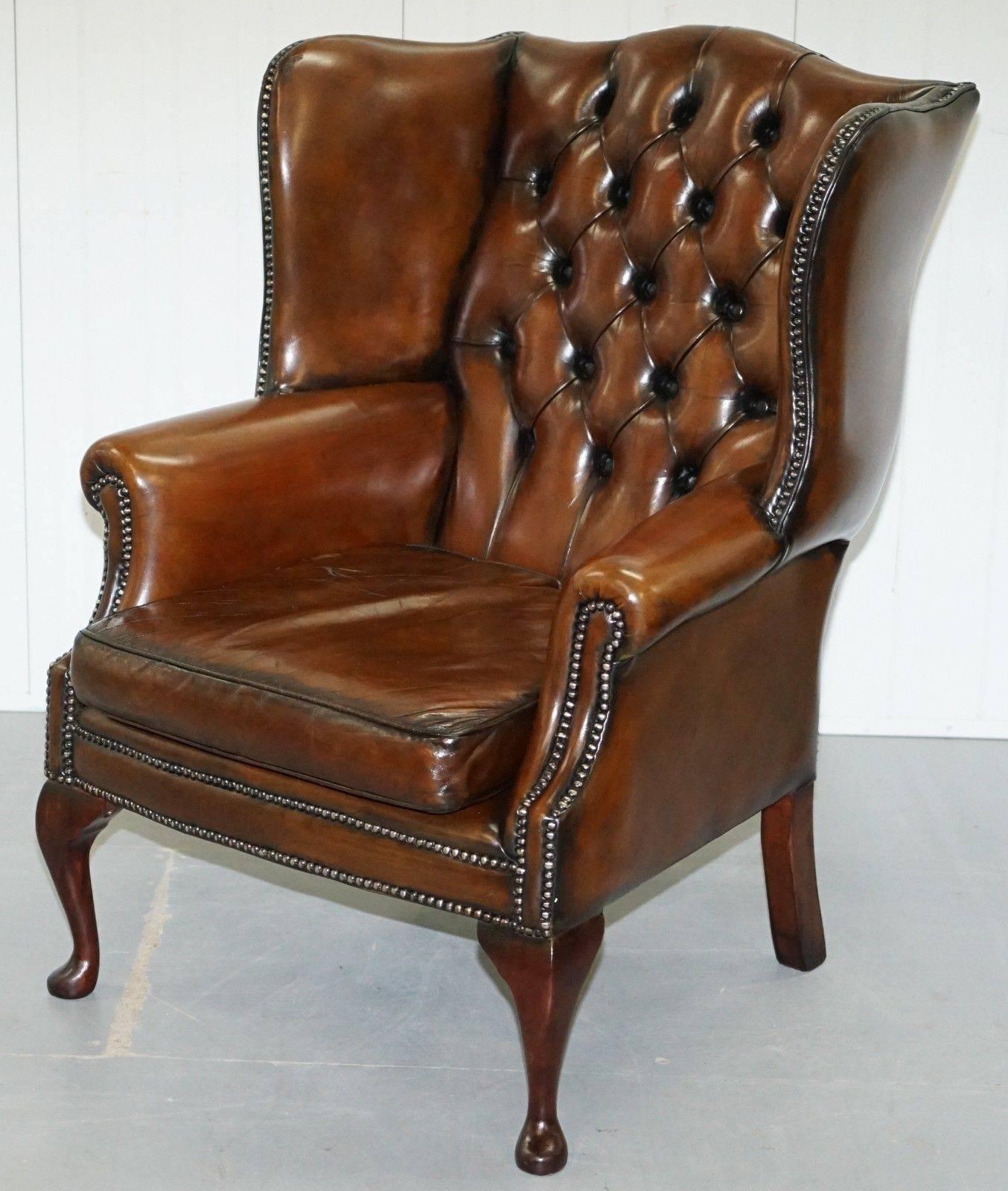 Victorian Pair of Hand-Dyed Cigar Brown Leather Chesterfield Wingback Armchairs and Stool