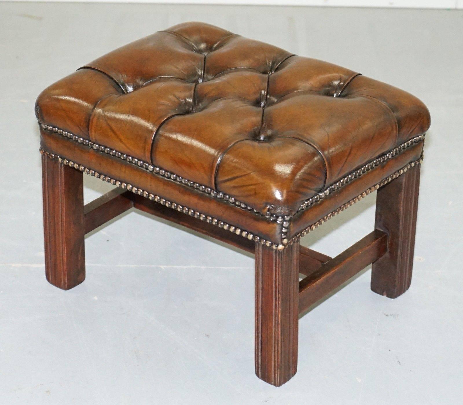 Pair of Hand-Dyed Cigar Brown Leather Chesterfield Wingback Armchairs and Stool 3