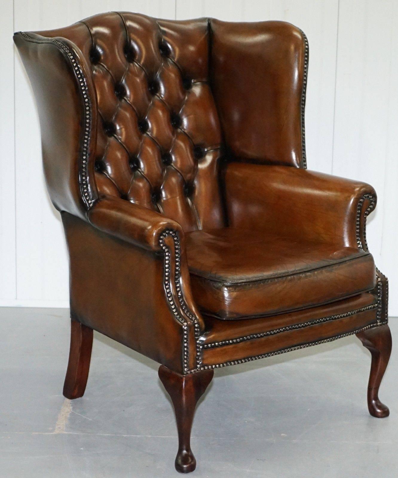 Pair of Hand-Dyed Cigar Brown Leather Chesterfield Wingback Armchairs and Stool 2