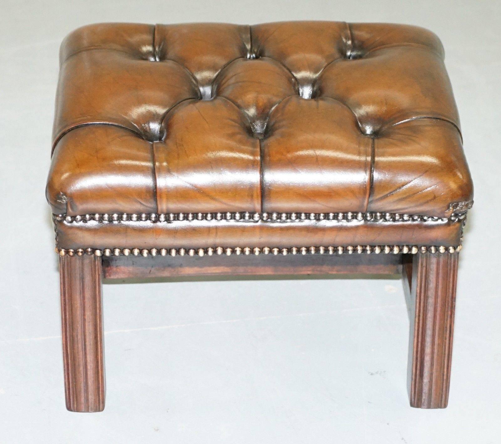 Pair of Hand-Dyed Cigar Brown Leather Chesterfield Wingback Armchairs and Stool 4