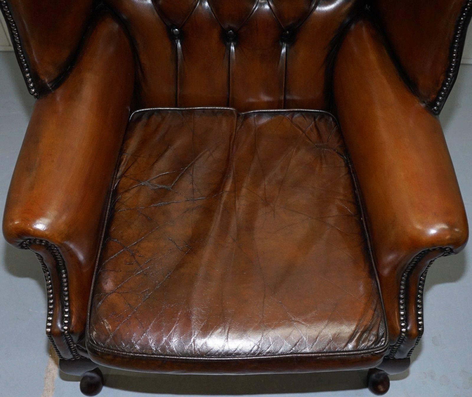 Hand-Crafted Pair of Hand-Dyed Cigar Brown Leather Chesterfield Wingback Armchairs and Stool