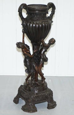Very Rare Solid Bronze French Neoclassical Jardiniere Plant Pot Stand with Ladie