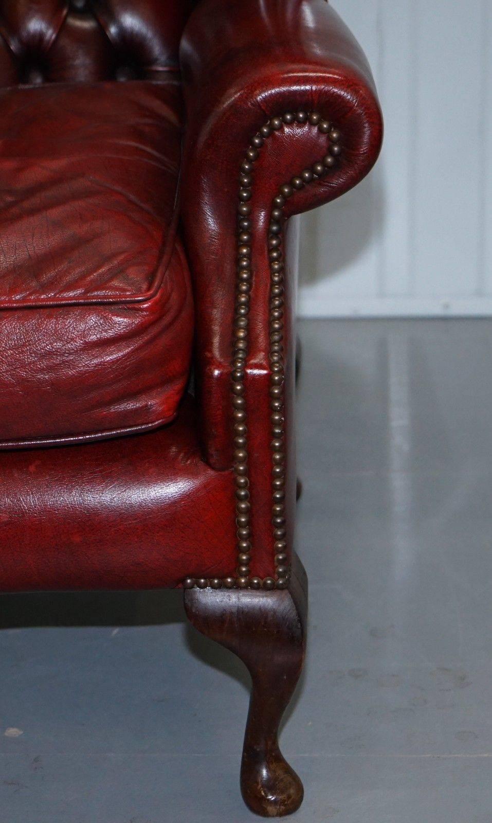 British Large Wing Comfortable Chesterfield Oxblood Leather Queen Anne Wingback Armchair