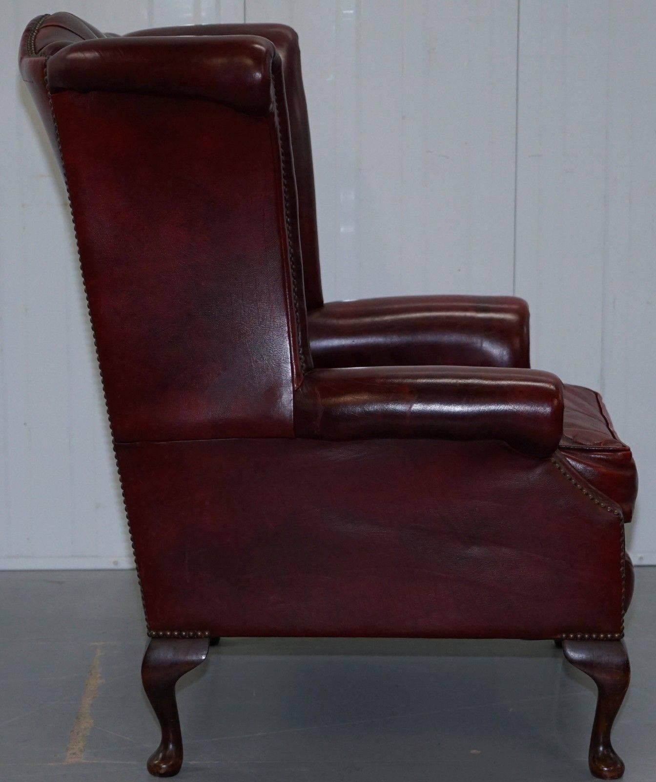 Hand-Crafted Large Wing Comfortable Chesterfield Oxblood Leather Queen Anne Wingback Armchair