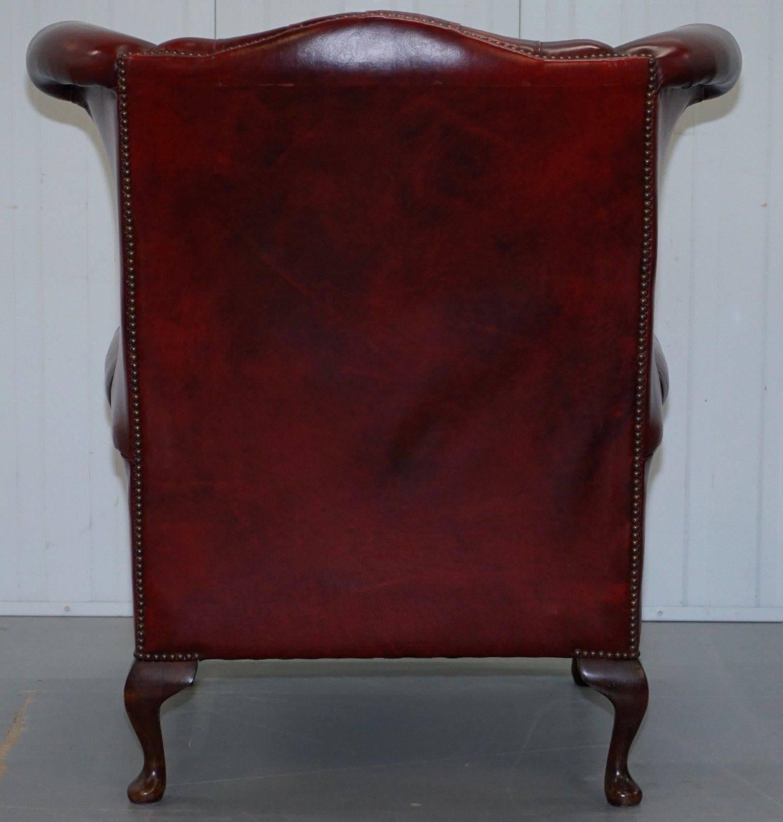 20th Century Large Wing Comfortable Chesterfield Oxblood Leather Queen Anne Wingback Armchair