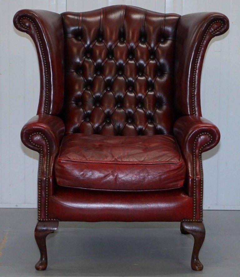 Large Wing Comfortable Chesterfield Oxblood Leather Queen Anne Wingback