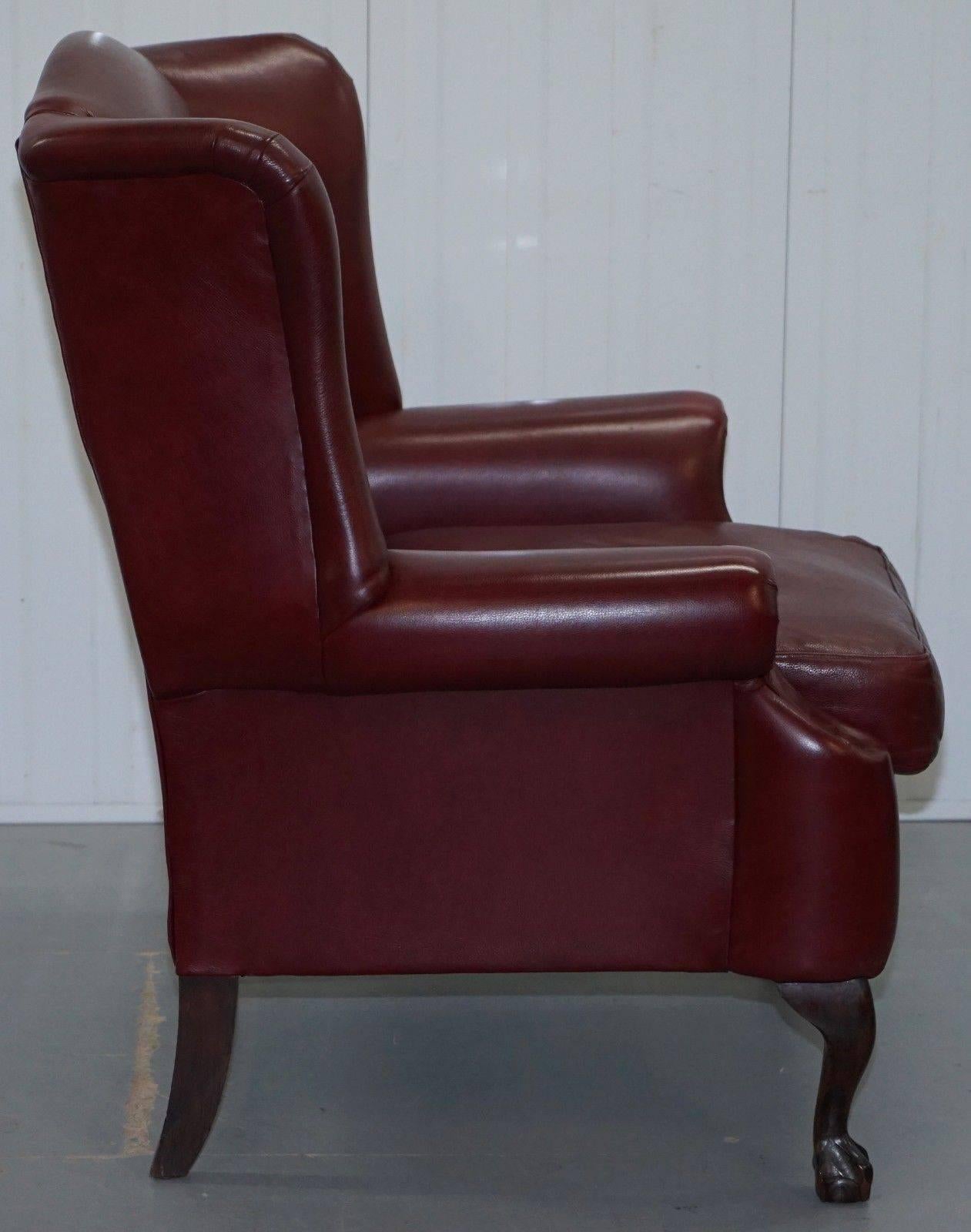 British Claw & Ball Feet Large Comfortable Oxblood Leather Queen Anne Wingback Armchair