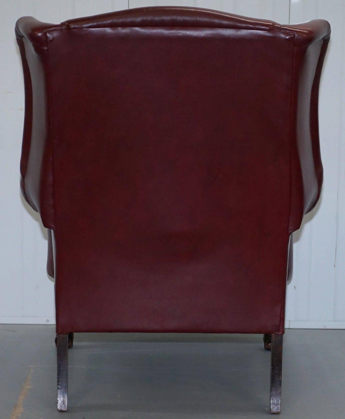 Hand-Carved Claw & Ball Feet Large Comfortable Oxblood Leather Queen Anne Wingback Armchair