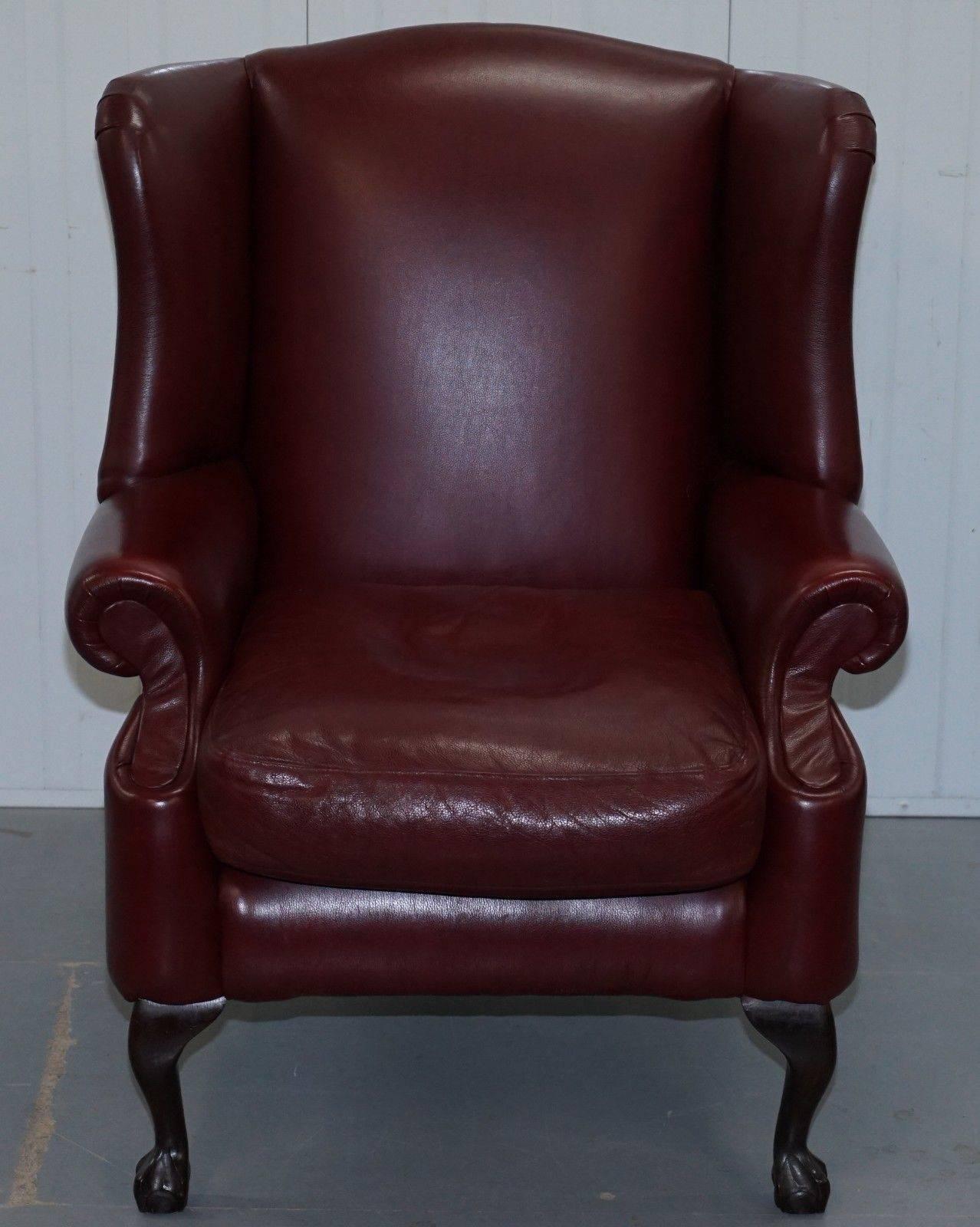 We are delighted to offer for sale this very nice oxblood leather wingback armchair with claw and ball feet

A very good looking and well-made armchair in lightly restored very good condition throughout, we have deep cleaned hand condition waxed