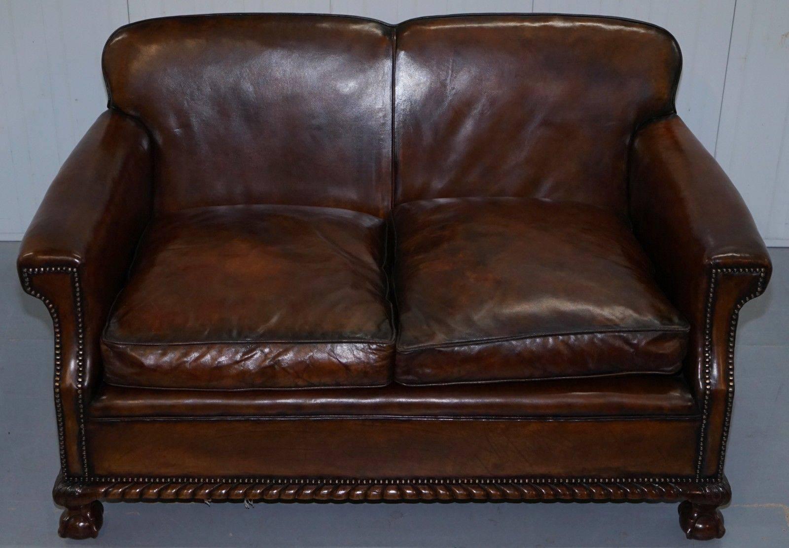 British Rare Fully Restored Victorian Whiskey Brown Leather Club Sofa Claw and Ball Feet