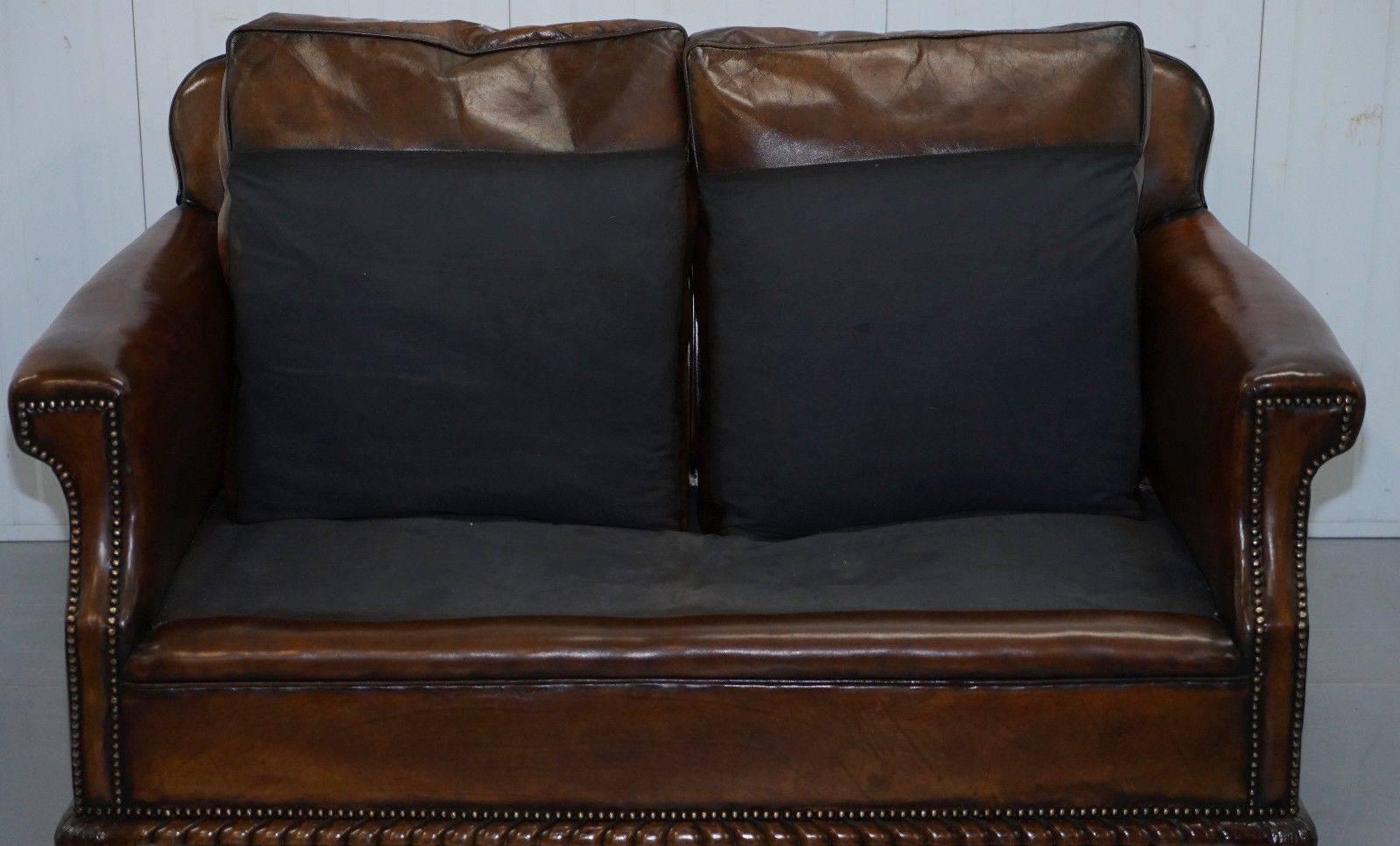 Rare Fully Restored Victorian Whiskey Brown Leather Club Sofa Claw and Ball Feet 1