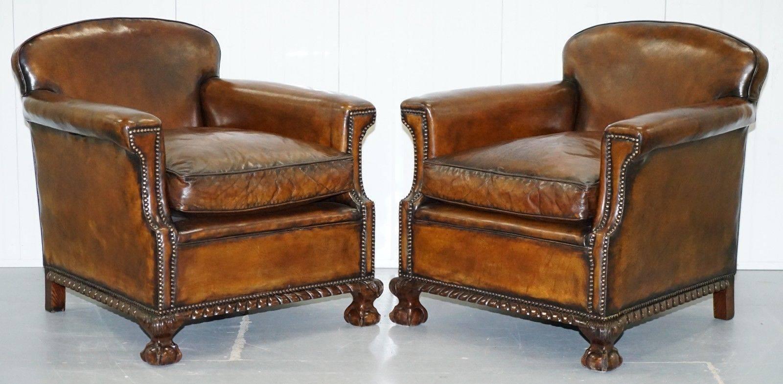 Rare Fully Restored Victorian Whiskey Brown Leather Club Sofa Claw and Ball Feet 3