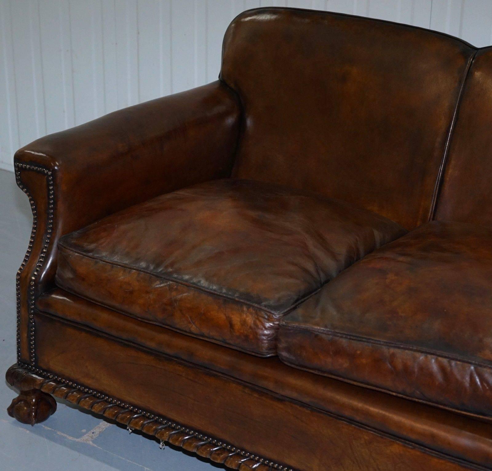 Hand-Carved Rare Fully Restored Victorian Whiskey Brown Leather Club Sofa Claw and Ball Feet