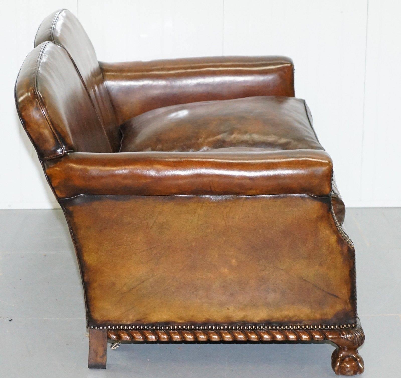 Rare Fully Restored Victorian Whiskey Brown Leather Club Sofa Claw and Ball Feet 2