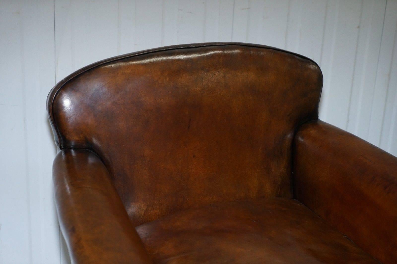 Hand-Carved Pair of Restored Victorian Whiskey Brown Leather Club Armchairs Claw & Ball Feet