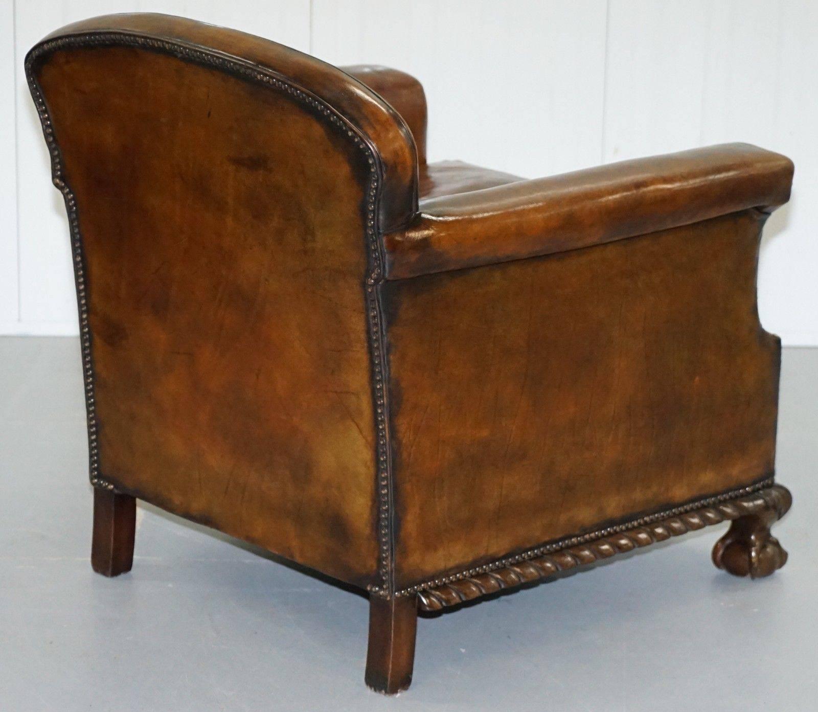 Pair of Restored Victorian Whiskey Brown Leather Club Armchairs Claw & Ball Feet 1
