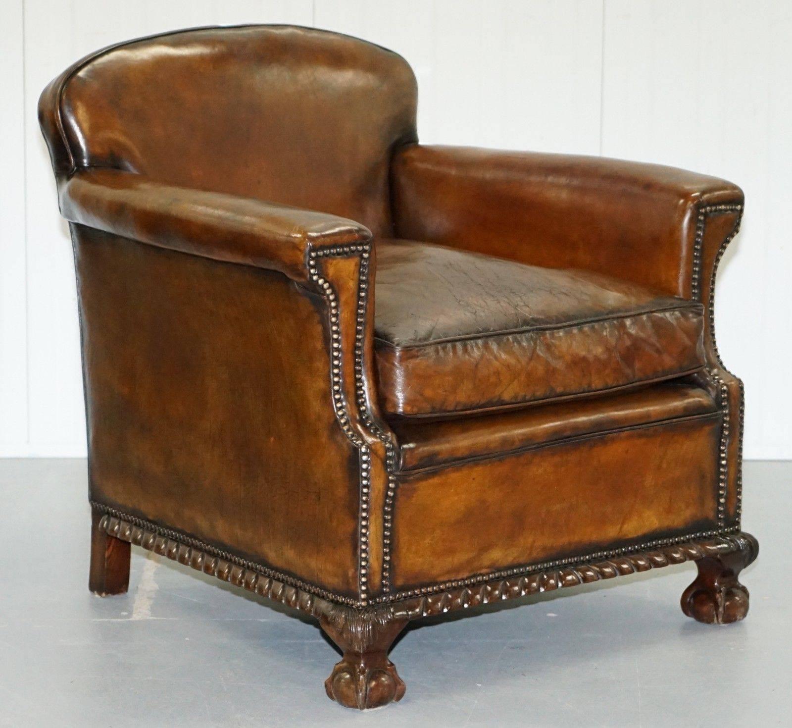 British Pair of Restored Victorian Whiskey Brown Leather Club Armchairs Claw & Ball Feet