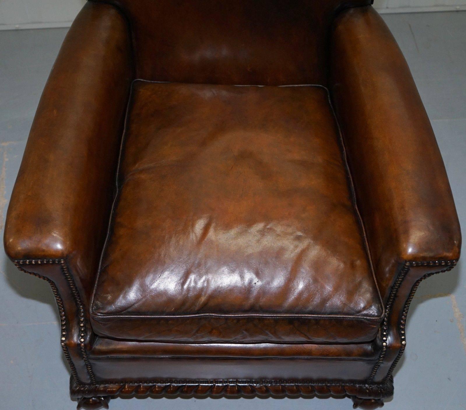 Pair of Restored Victorian Whiskey Brown Leather Club Armchairs Claw & Ball Feet 3