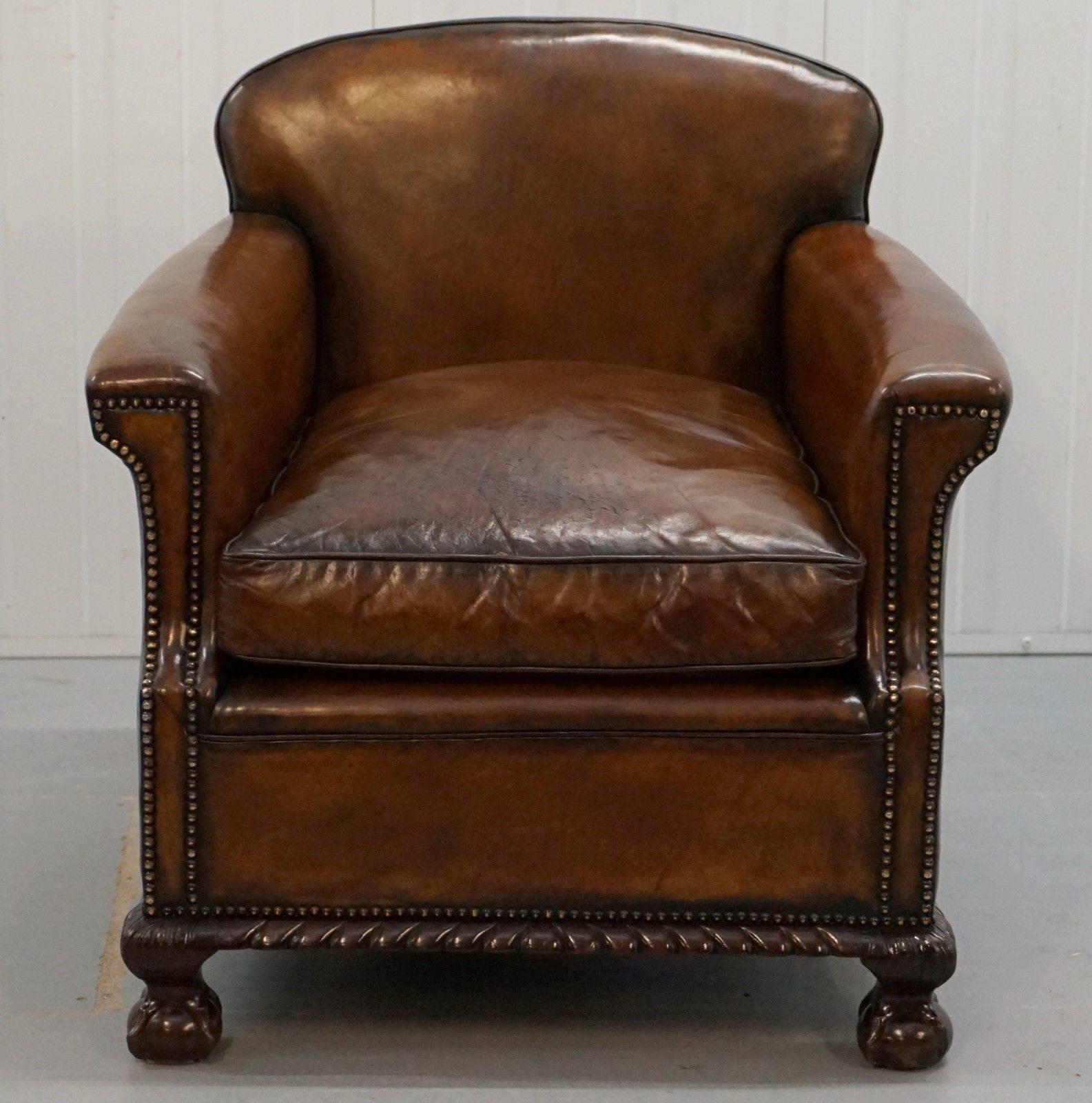 We are delighted to offer for sale this stunning pair of original Victorian fully restored whisky brown leather club armchairs with coil sprung bases feather filled cushions and claw and ball feet

A very good looking well-made pair in fully