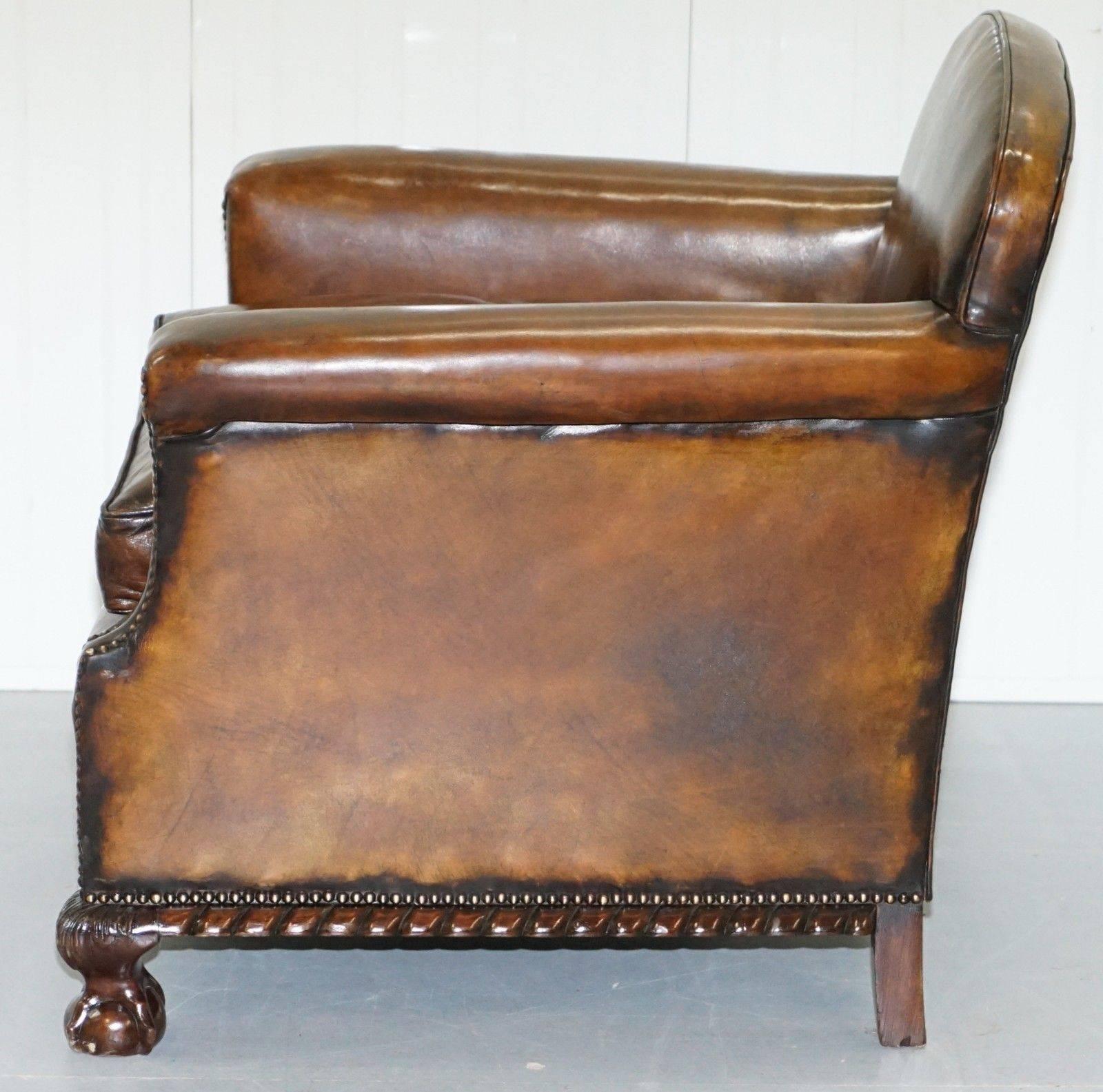 Pair of Restored Victorian Whiskey Brown Leather Club Armchairs Claw & Ball Feet 4