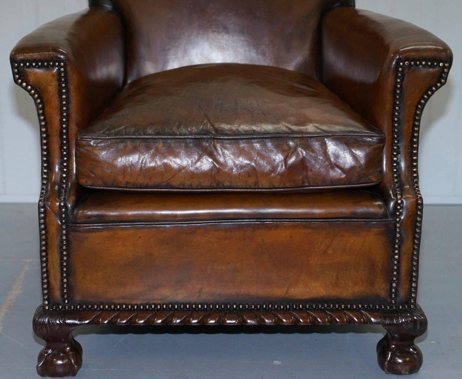 19th Century Pair of Restored Victorian Whiskey Brown Leather Club Armchairs Claw & Ball Feet