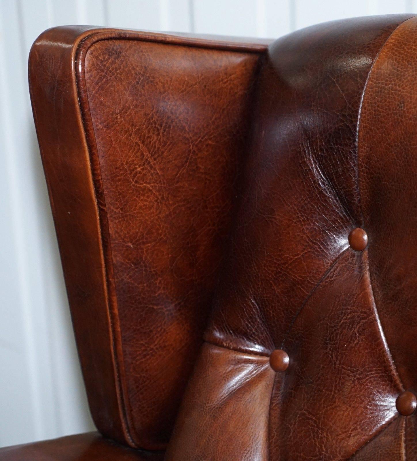 Hand-Carved Stunning Handmade in Holland Buffalo Brown Leather Club Armchair Tuscan Feather