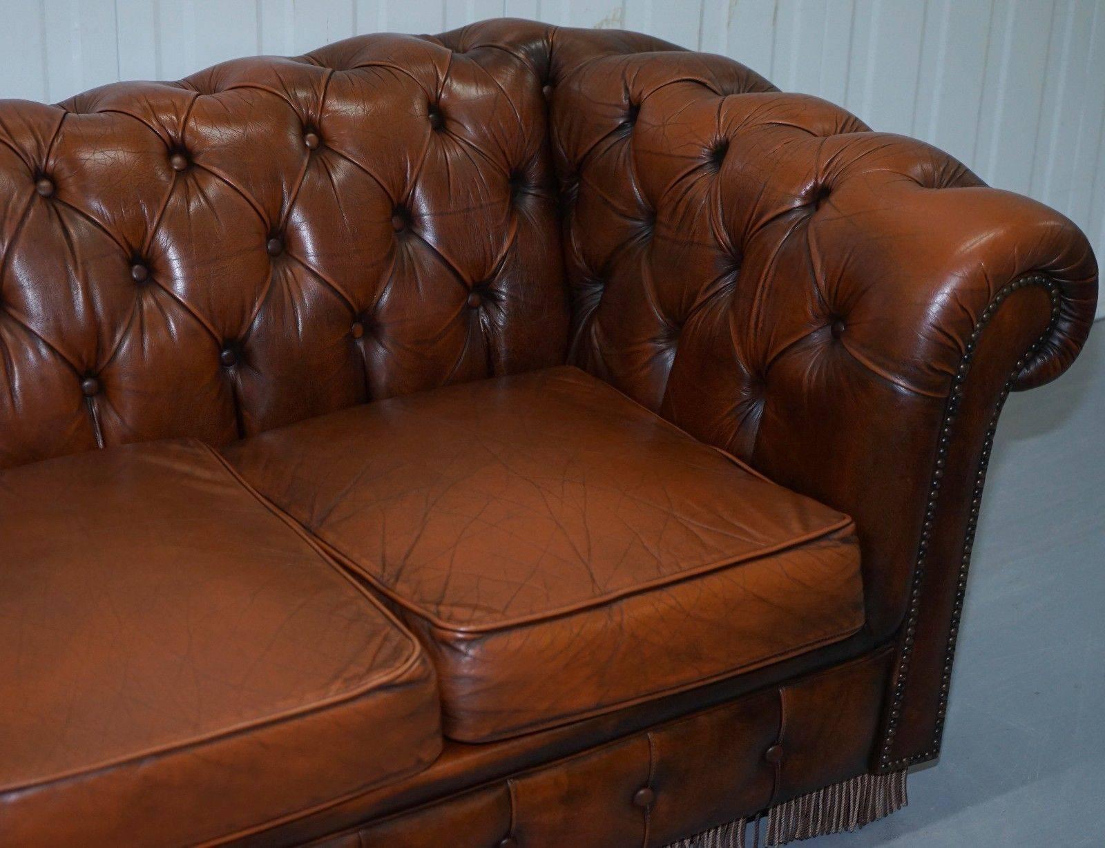 British Original Vintage Hand-Dyed Aged Brown Leather Chesterfield Sofabed Rare Find