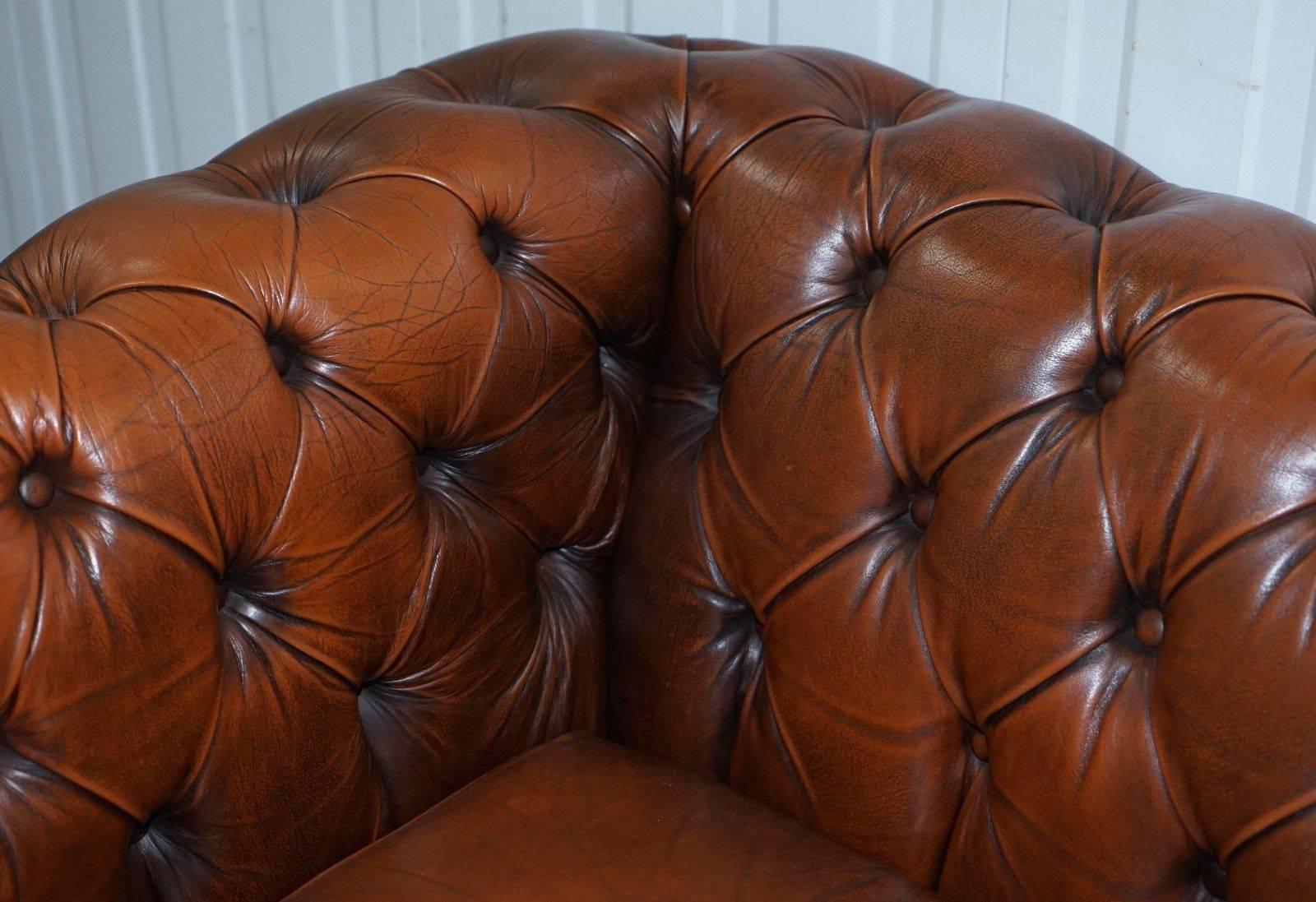 Hand-Carved Original Vintage Hand-Dyed Aged Brown Leather Chesterfield Sofabed Rare Find
