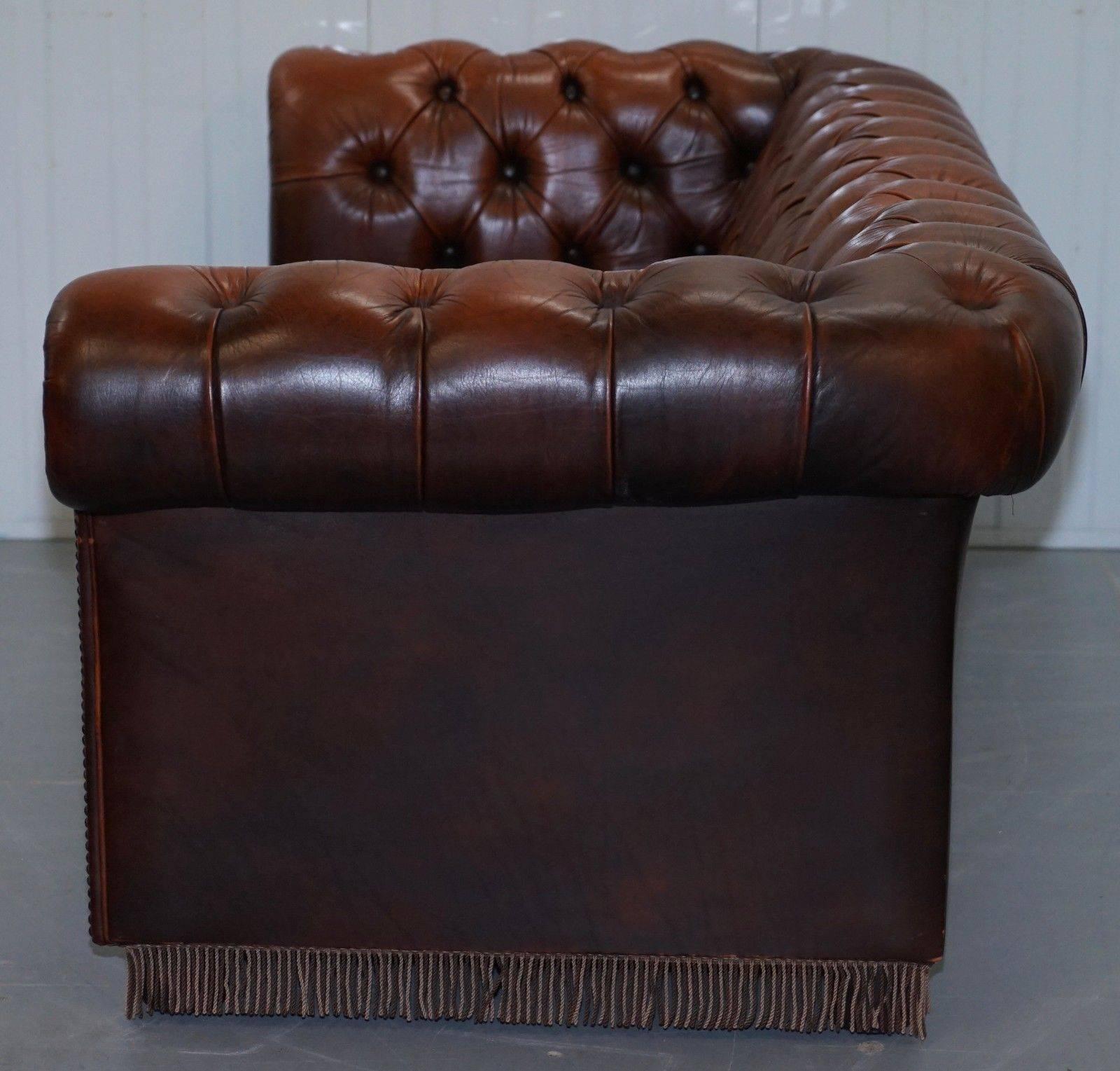 20th Century Original Vintage Hand-Dyed Aged Brown Leather Chesterfield Sofabed Rare Find