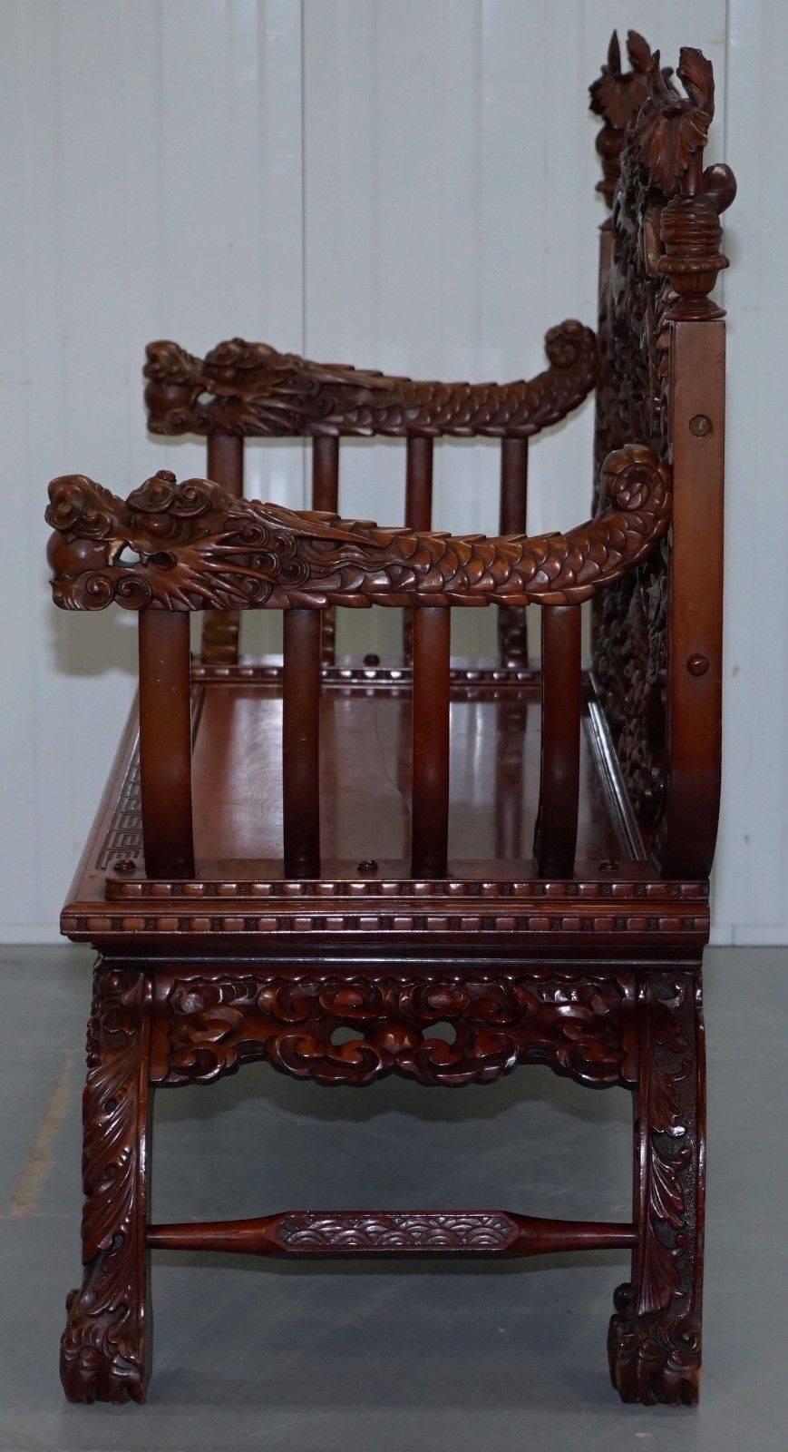 Rare Chinese Export Hand Carved Dragon Bench Chair Solid Teak Redwood circa 1890 3