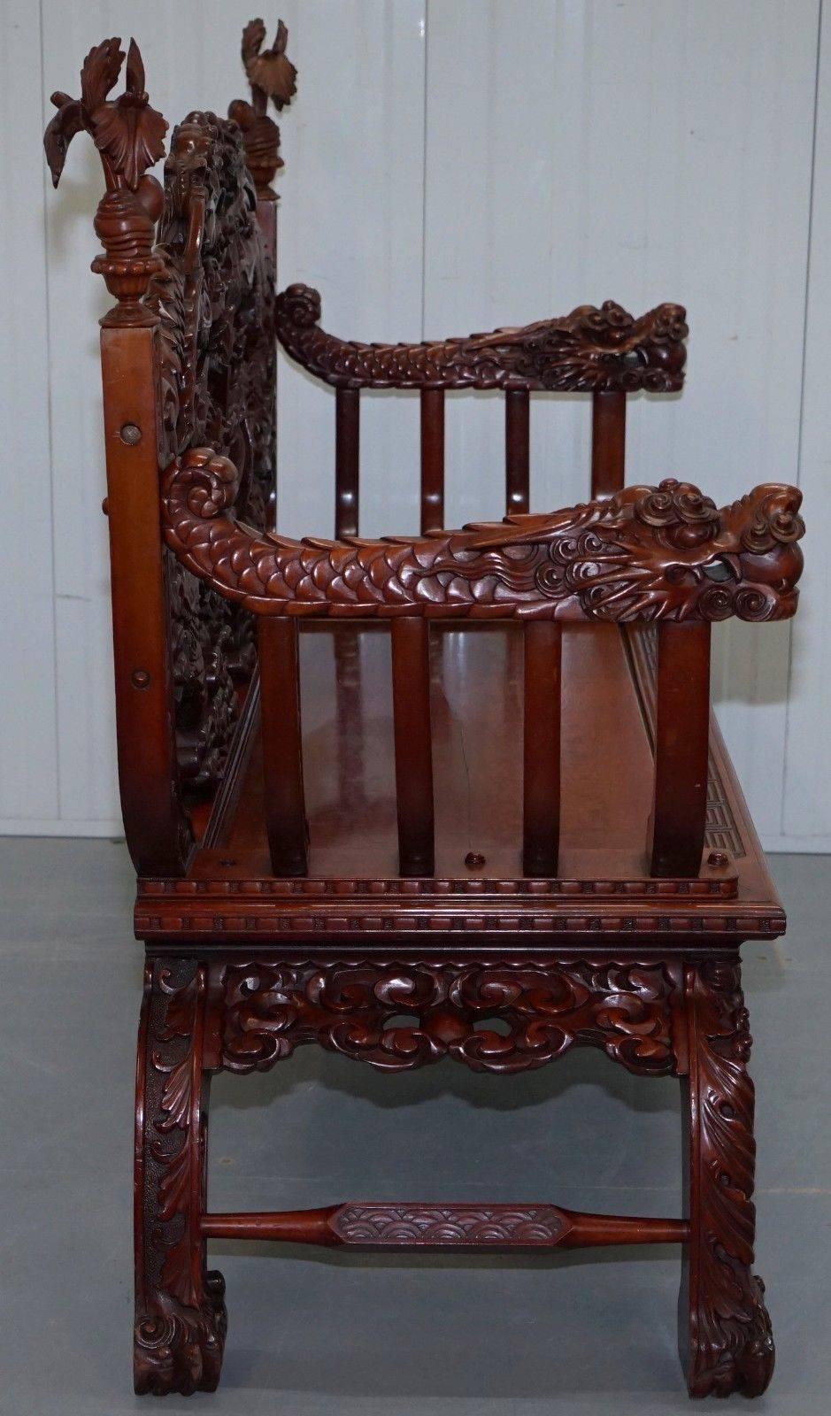 Late 19th Century Rare Chinese Export Hand Carved Dragon Bench Chair Solid Teak Redwood circa 1890