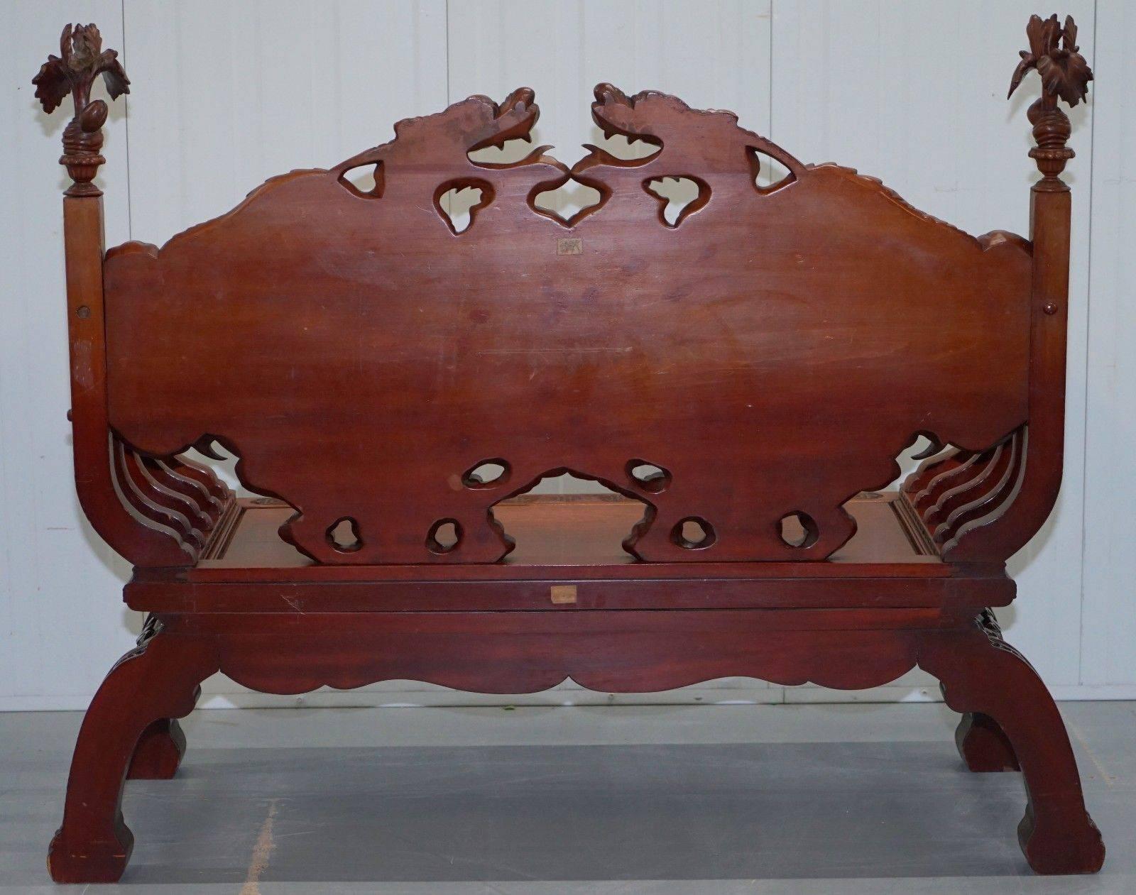 Rare Chinese Export Hand Carved Dragon Bench Chair Solid Teak Redwood circa 1890 2