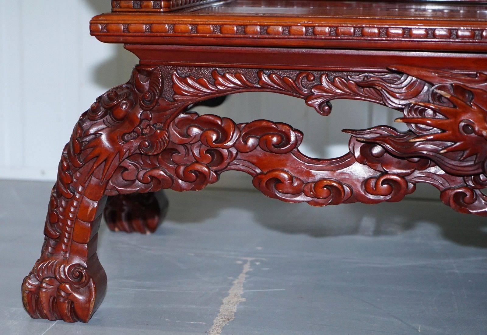 Rare Chinese Export Hand Carved Dragon Bench Chair Solid Teak Redwood circa 1890 1