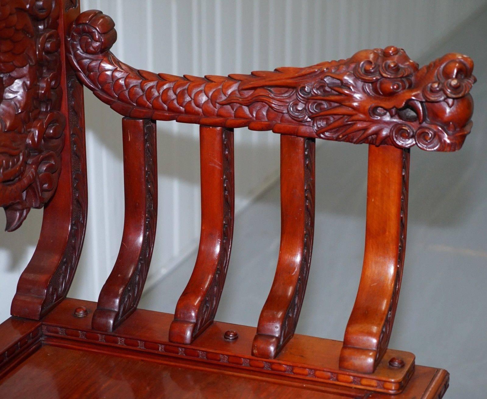 Hand-Carved Rare Chinese Export Hand Carved Dragon Bench Chair Solid Teak Redwood circa 1890