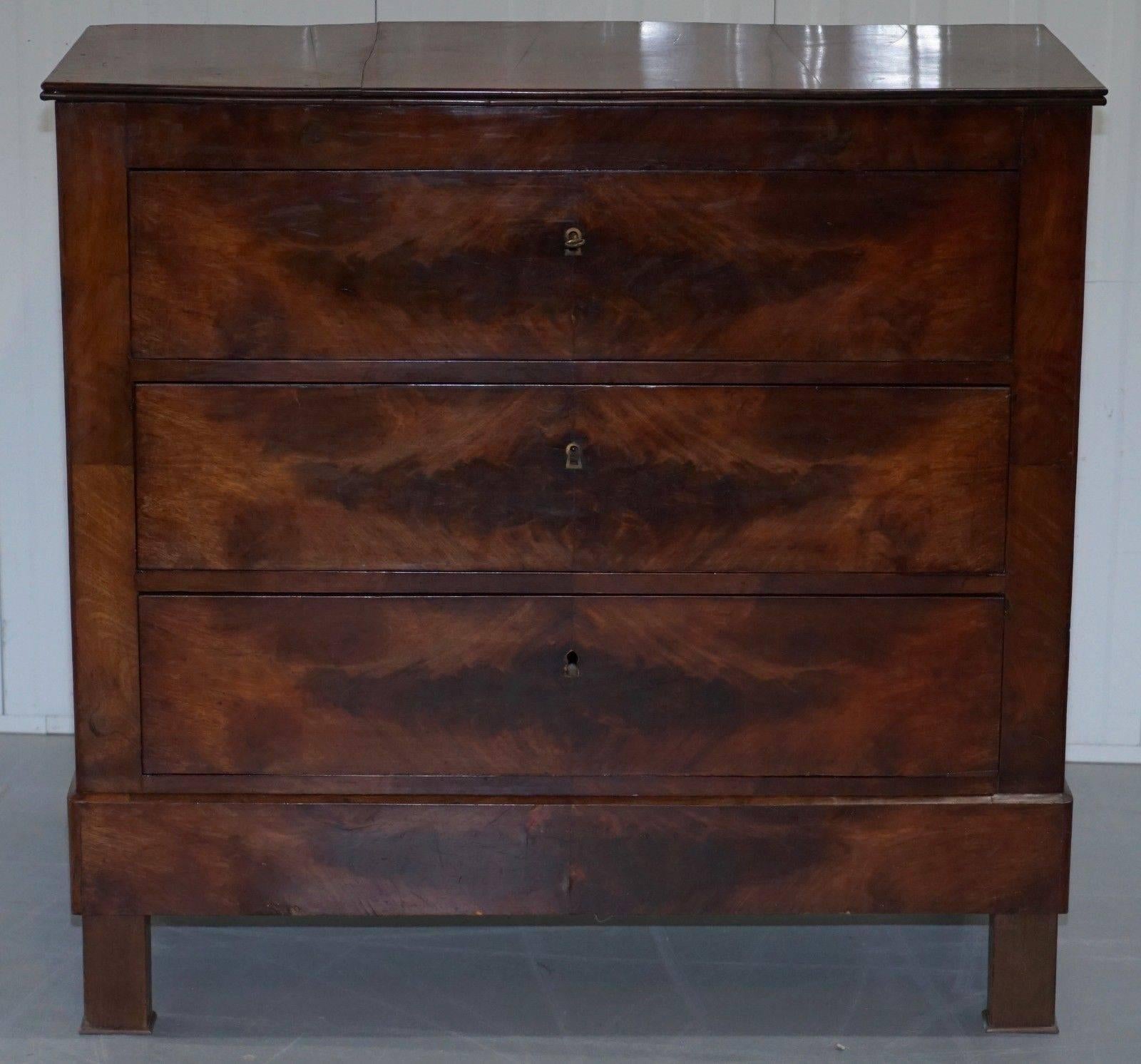 We are delighted to offer for sale this stunning circa 1880 Biedermeier mahogany chest of drawers

A very rare and good looking piece, the condition is well used, some timber splits here and there which is very standard with wood this old, the top