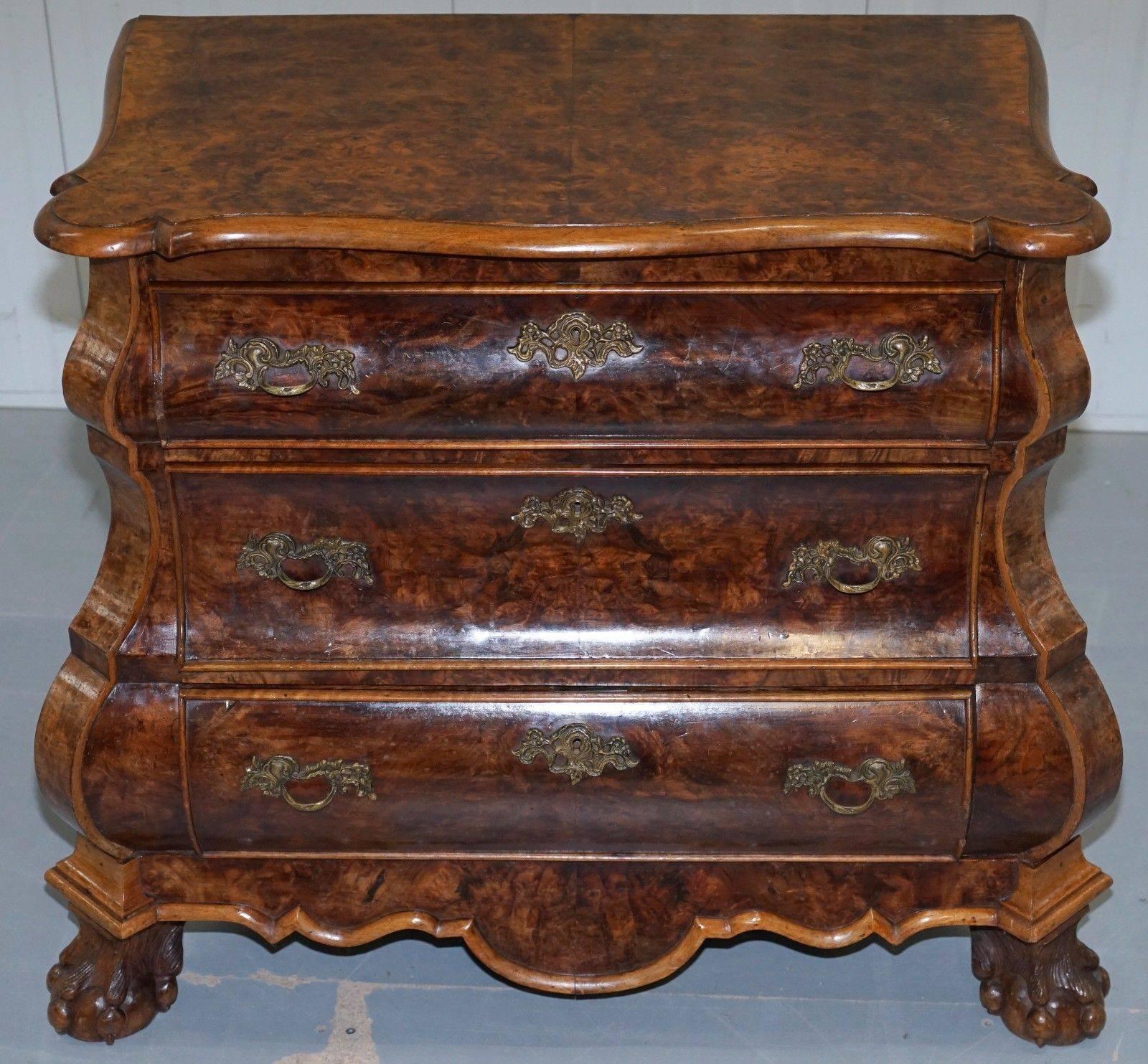 We are delighted to offer for sale this stunning circa 1840 burr walnut Dutch Bombe chest of drawers

A very rare and stunning looking piece, the burr walnut patina is to die for as is the hand-carved hairy paw claw and ball feet

The chest has